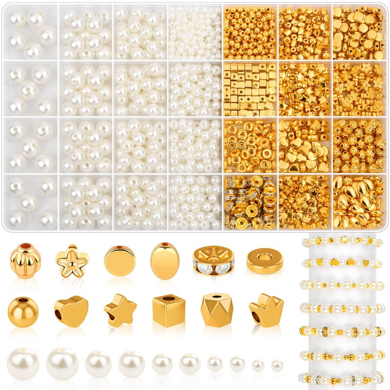 shynek 1352 Pieces Gold Spacer Beads and Pearl Beads for Bracelets  Assorted Gold Beads  Pearls for Bracelet Jewelry Making - Image 1